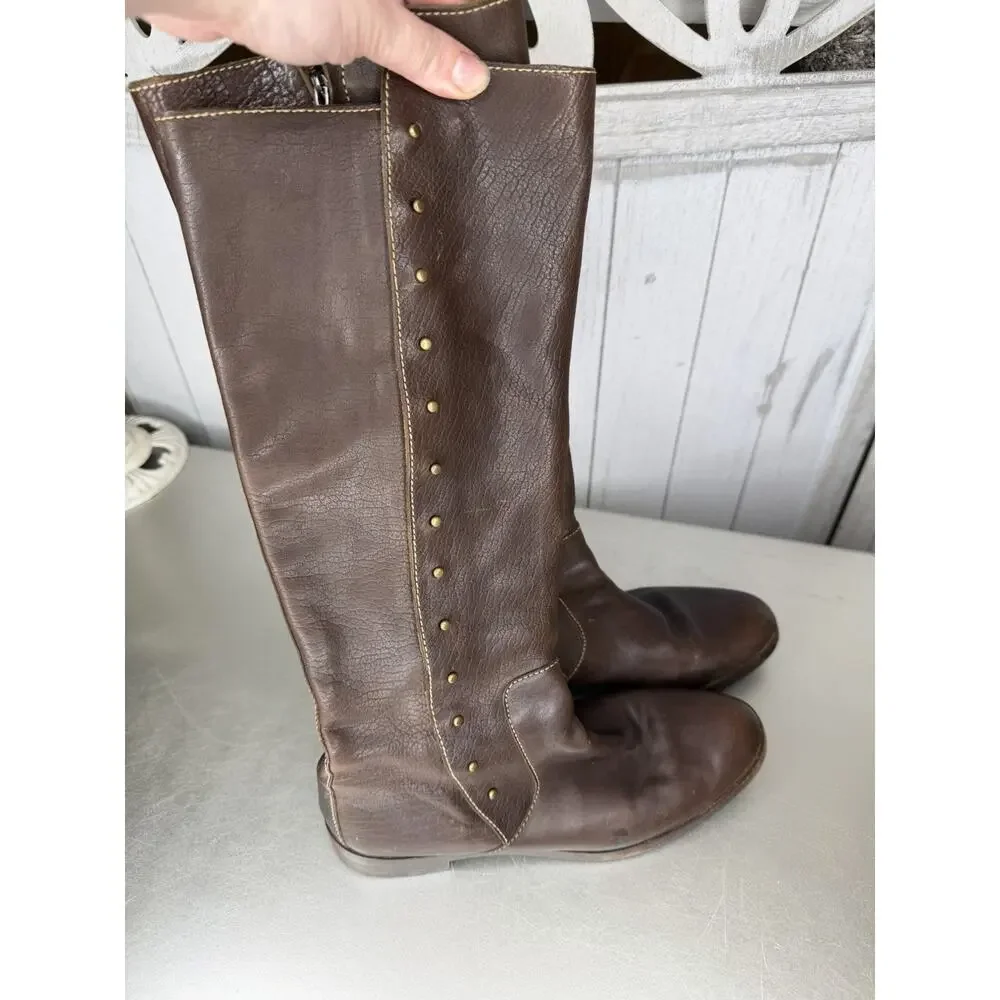 Cole Haan Brown Leather Studded Sides Knee High Boots Vintage Size 6.5